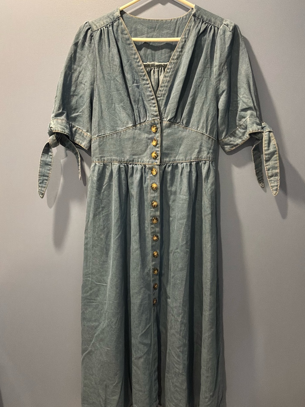 Unbranded Denim Button-Front Midi Dress with Tie Sleeves